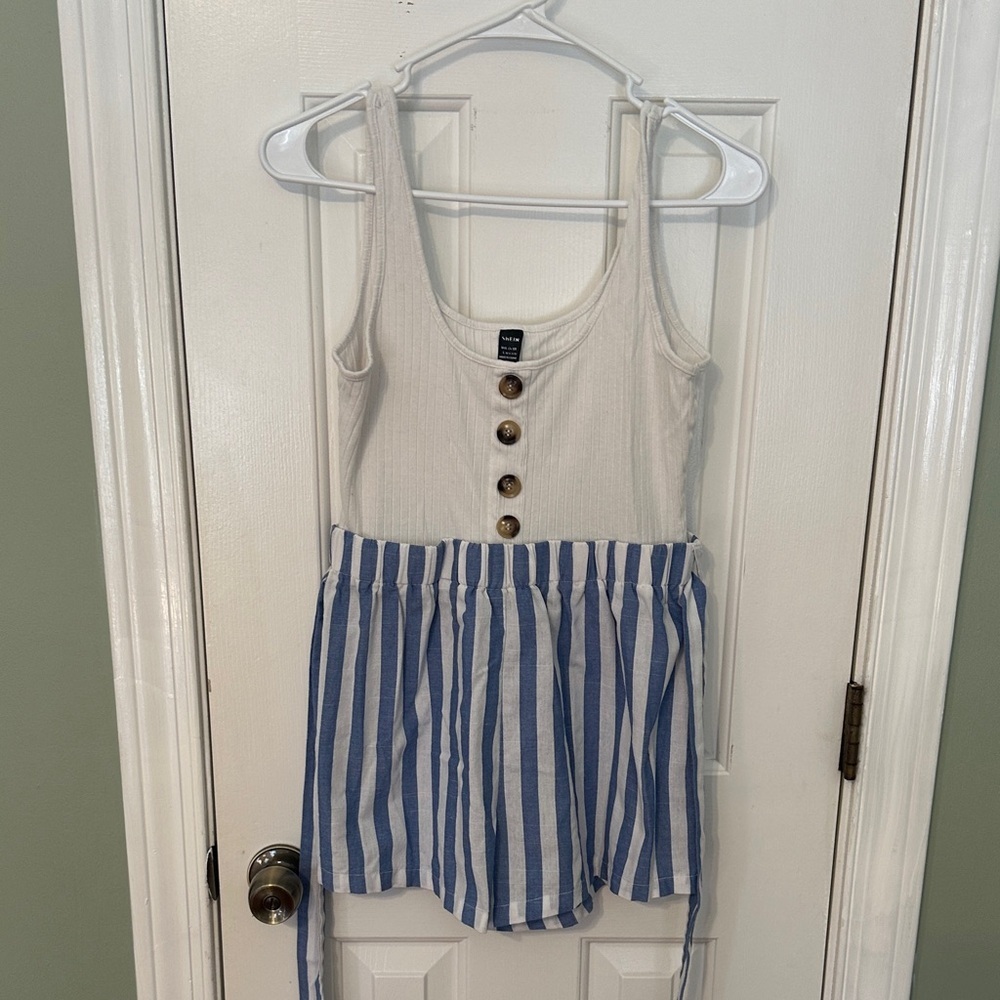 SHEIN White and Blue Striped Jumpsuit